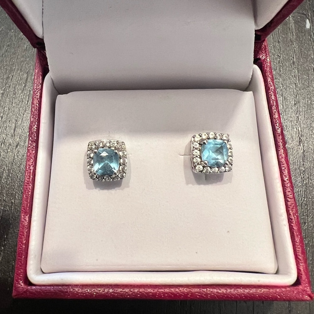 Aquamarine & Diamond Halo Stud Earrings in Sterling Silver